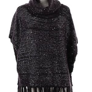 NINE WEST Knitted Sequin High Neck Fringe Hem Poncho Cape Sleeveless Sweater